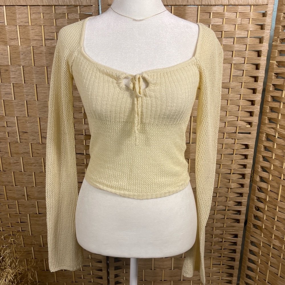 Cream Princess Polly Crop Knit Tie-Front Long Sleeve Top